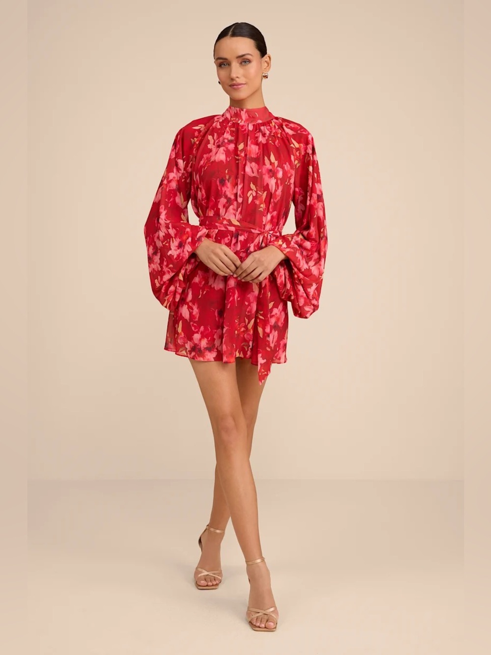 Lulus Lata Red Floral Mock Neck Belted Mini Dress - Picture 4 of 10